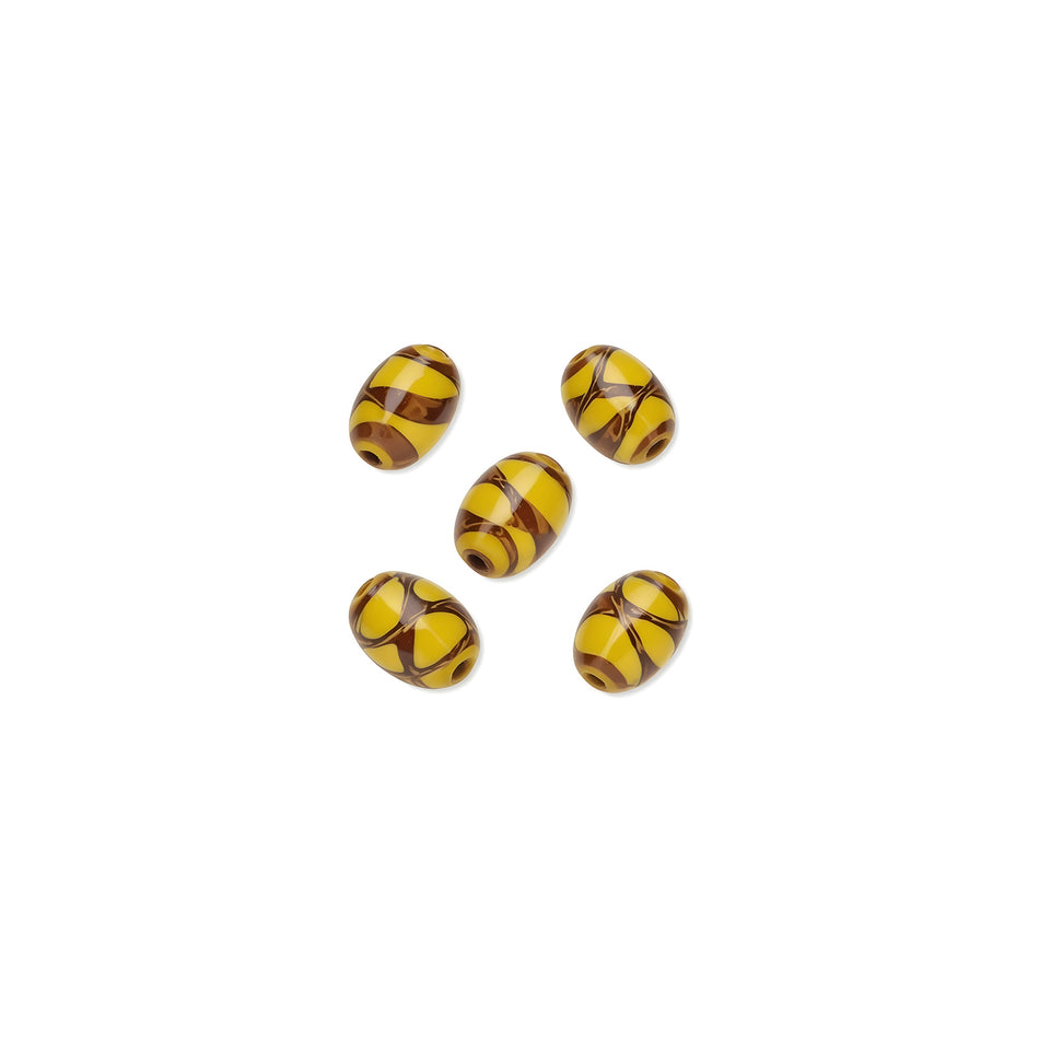 12mm Oval Swirl Pattern Yellow Glass Beads Pack of 5