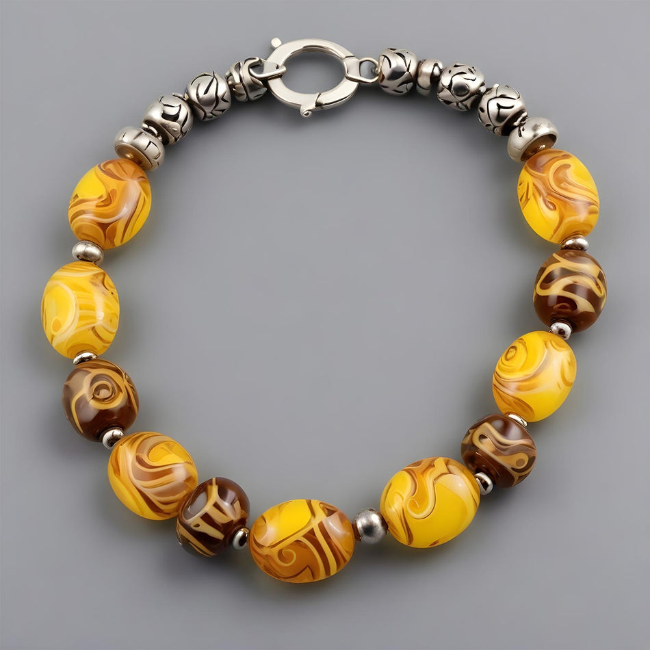 12mm Oval Swirl Pattern Yellow Glass Beads Pack of 5