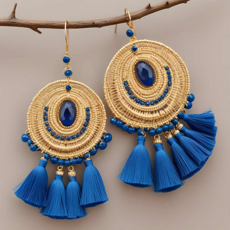 32mm Cotton Tassel Charms Blue & Gold Plated Caps