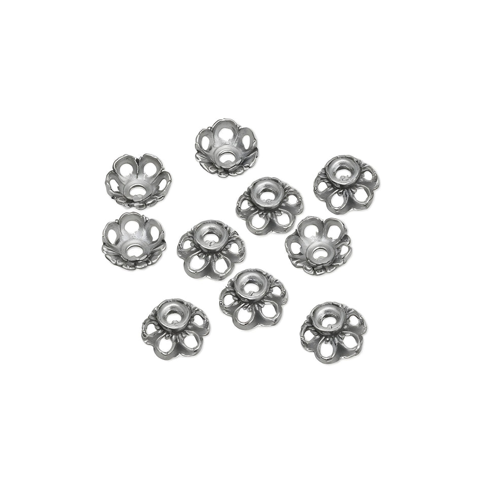 9mm Silver Dome Flower Bead End Caps Pack of 10